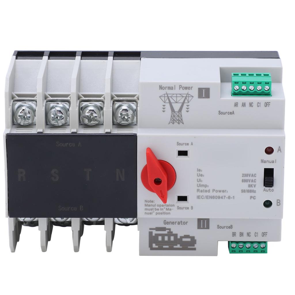 4P Dual Power Automatic Transfer Switch Uninterrupted Toggle Controller for Home Appliance AC230V Coil 63A