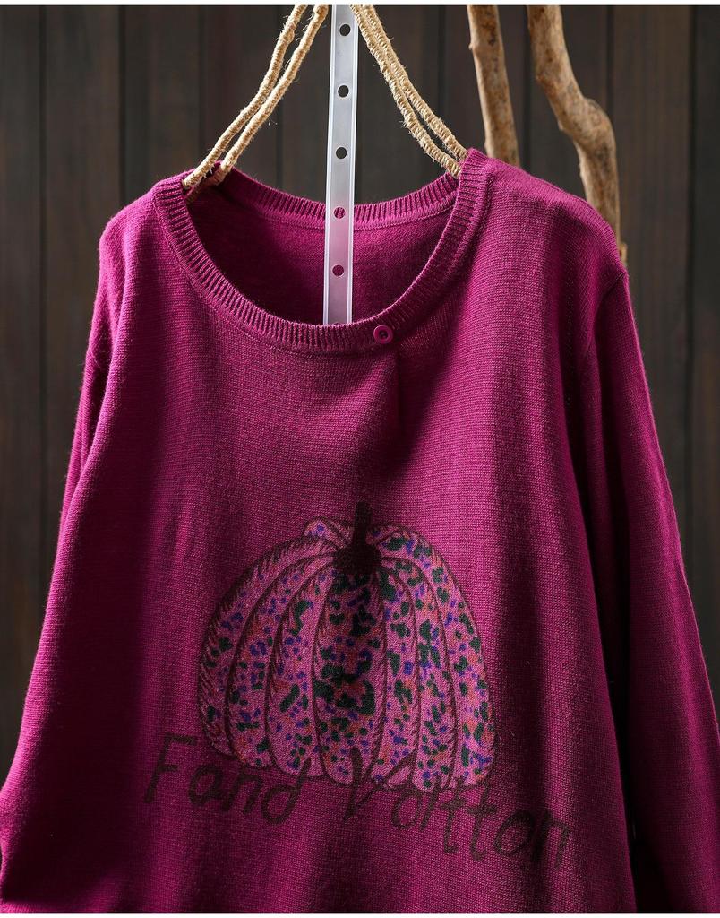 2026 Autumn Women's Pumpkin Print Knit Sweater: Age-Reducing Versatile Round Neck, Long Sleeve Top