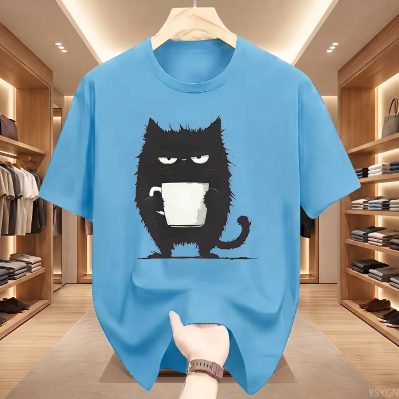 Funny Black Cat Coffee Cup Print T-Shirt Men Women Cotton Tee Cute Cat Lover Streetwear Graphic T Shirts