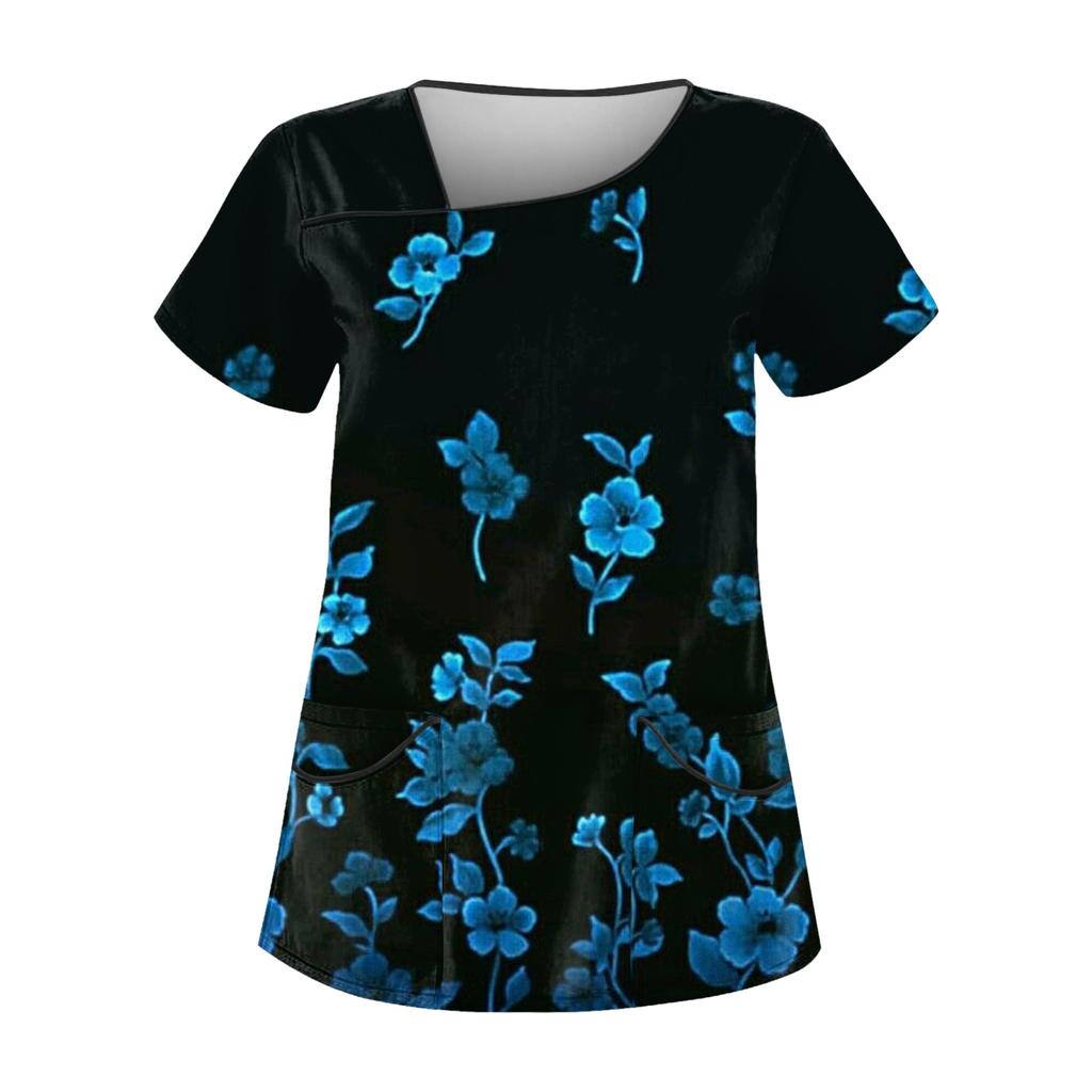 Women's Casual Printed Short Sleeve Workwear With Double Pocket Top