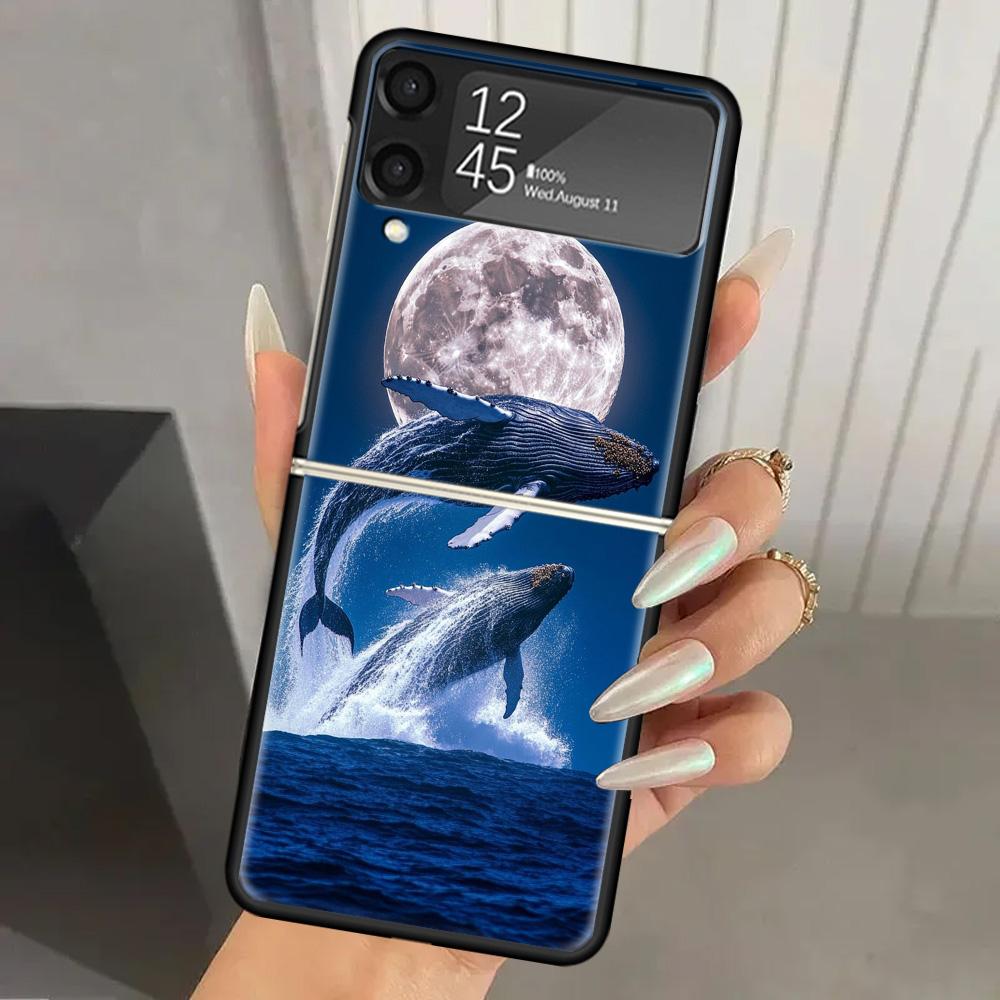Humpback Whale Sea Giant Hard PC Phone Case For Samsung Galaxy Z Flip 7 6 5 4 3 Black ZFlip7 ZFlip6 Flip5 Flip4 Flip3 5G Print C