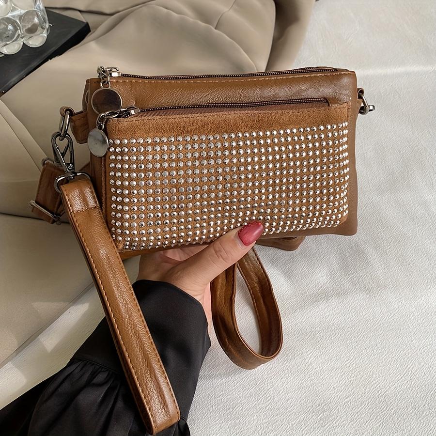 Rhinestone-Studded Shoulder Bags for Women Zip Closure Trendy Small Square Ladies Clutch Bag Small Crossbody Bags for Women