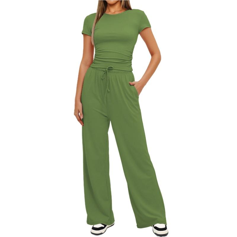 Solid Color Casual Long Sleeve Set Top High Waisted Wide Leg Pants Sportswear