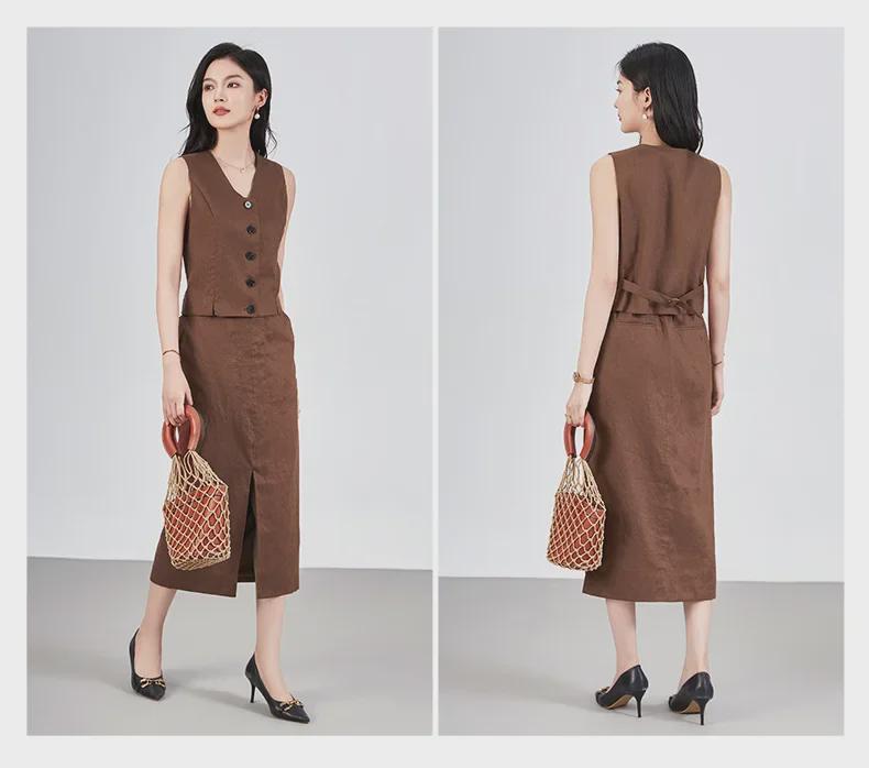 2425408-Elegant Linen Vest & Skirt Set - Women's Early Autumn