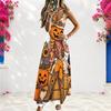 Women Plus Size V Neck Strappy Sleeveless A Line Long Halloween Pumpkin Printed Dress