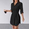 Spring Summer New French British Style Waist Cinched A-Line Solid Color Shirt Dress, Commuter Multi-color Dress