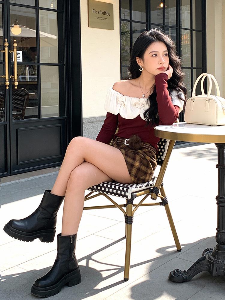 Fei Yuan Plaid Belted Red Skirt - Festive Autumn/Winter Style