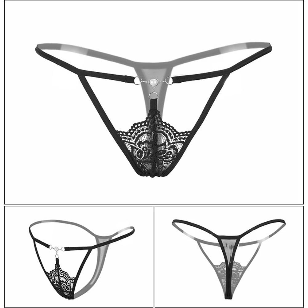 Pearl Hollow Transparent Thong Low Waist Sexy T-Legs Lace Panties Female Amazon 2019