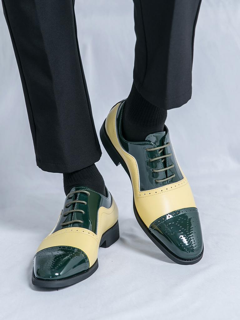 New British Men Pointed Yellow Green Mixed Lace Up Dress Business Casual Oxfords Shoes Male Wedding Dress Homecoming Footwear