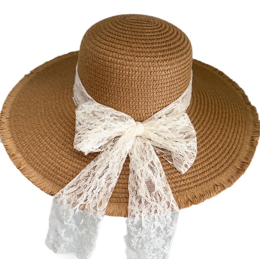 Big-Brimmed Straw Hat Women'S Summer Sunscreen Sun Hat Seaside Vacation Lace Bow Beach Hat Show Face