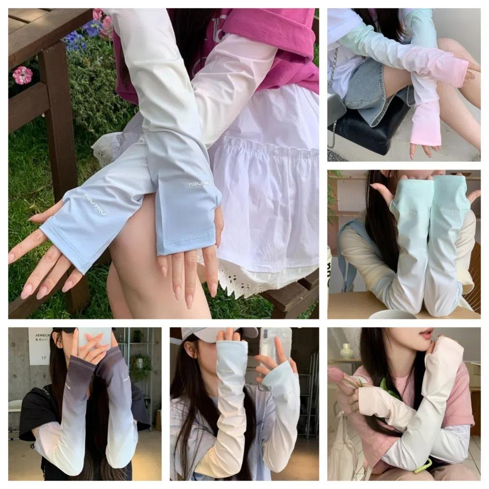 

Fingerless Gradient Color Arm Sleeves Breathable Ice Silk Arm Cover Camping Gradient Green Pink