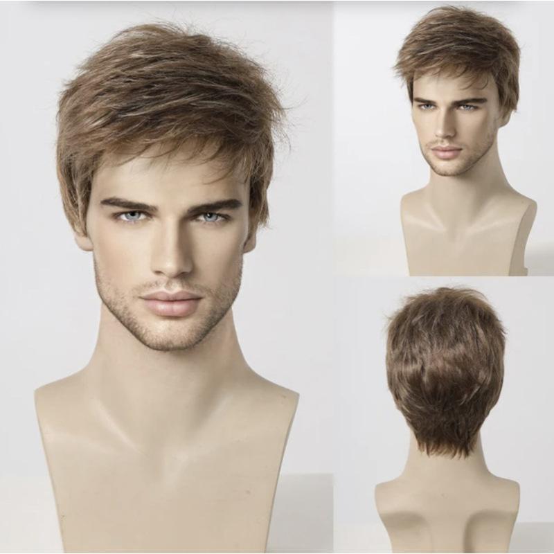 Men Black Synthetic Wig Natural Looking Daily Fake Hair for Male Short Brown Wigs Costume Party Heat Resistant Fiber