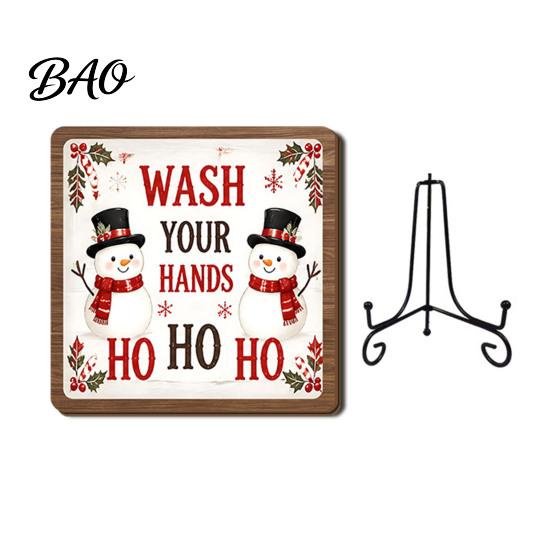 Christmas Hanging Ornament Wooden Tabletop Decor, 2D Pet Santa with Iron Stand, Rustic Xmas Party Holiday Sign for Home And Cafe Festive Shelf, Solid