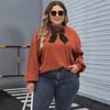 Women's Pullover Spring and Autumn Large Size Semi-high Neck T-shirt Top Ribbon Bow Patchwork Ribbed Base Layer