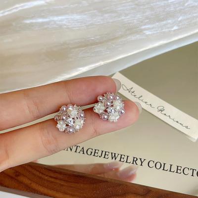 Exquisite Zircon Pearl Flower Stud Earrings for Women - Light Luxury & High-End Style 2026