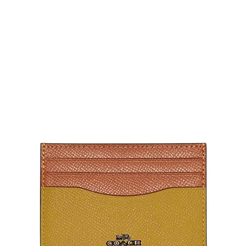Coach Card Case With 10 Slots Open Pocket Crosshatch Leather Wallet Women Wallet Brown Linen-Yellow 12070-V5RQD