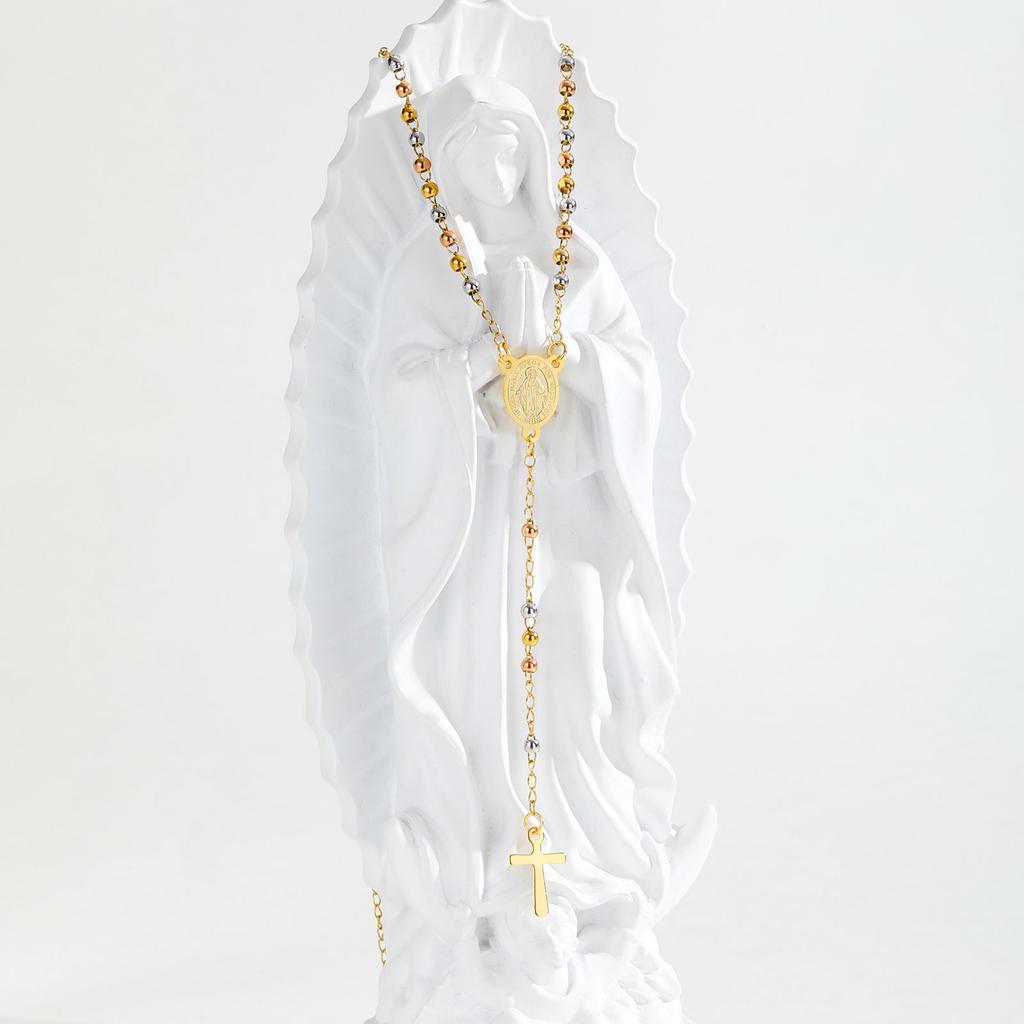 Tri-color Beaded Virgin Mary Y-shaped Necklace, Holy Spirit Cross Pendant Necklace for Women, Stainless Steel Religious Jewelry