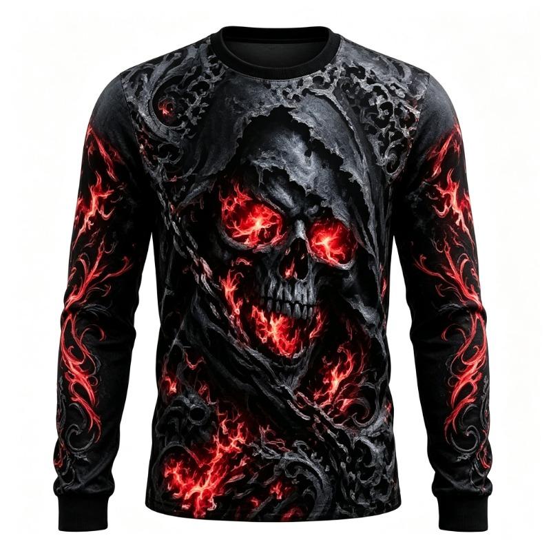 Men's Long Sleeve T-Shirt Grim Reaper Skull Flame 3D Print Gothic Halloween Crew Neck Casual Top