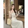 French Apricot Embroidered Lace Suspender Dress Women's Summer High-end Temperament First Love Seaside Vacation Beach Dress