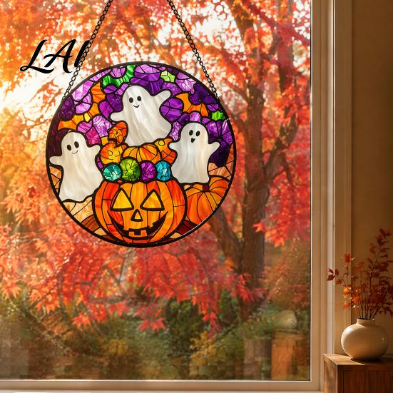Creative Halloween Souvenirs Stained Glass Suncatcher Ornament Vintage Hanging Window Decor with Pumpkin Ghost Bat Witch Decorations Hat Pattern,