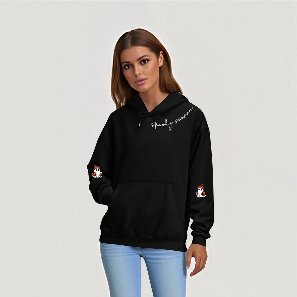 Damen Langarm Bedrucktes Oberteil Einfarbiges Kapuzenshirt