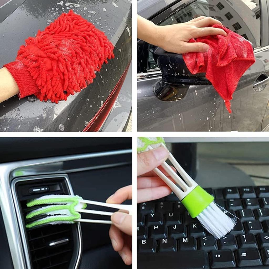 Red 28-Piece Car Cleaning Brush Set for Tires and Interior with Electric Drill Attachment