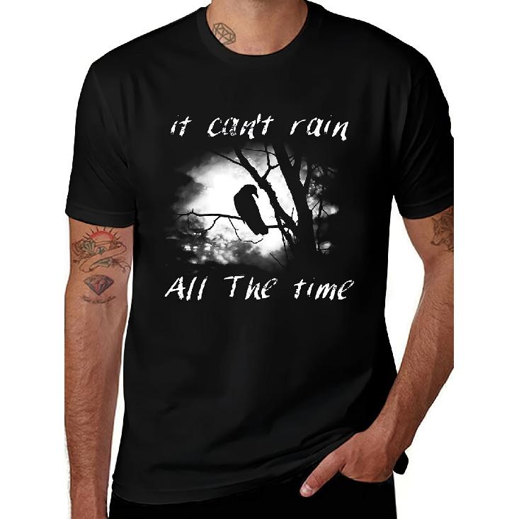 Men'S Gothic Crow Rain Lyrics T-Shirt | Casual Round Neck, All-Season, Machine Washable, Ideal for Music Fans, Black with White Song Lyric Print