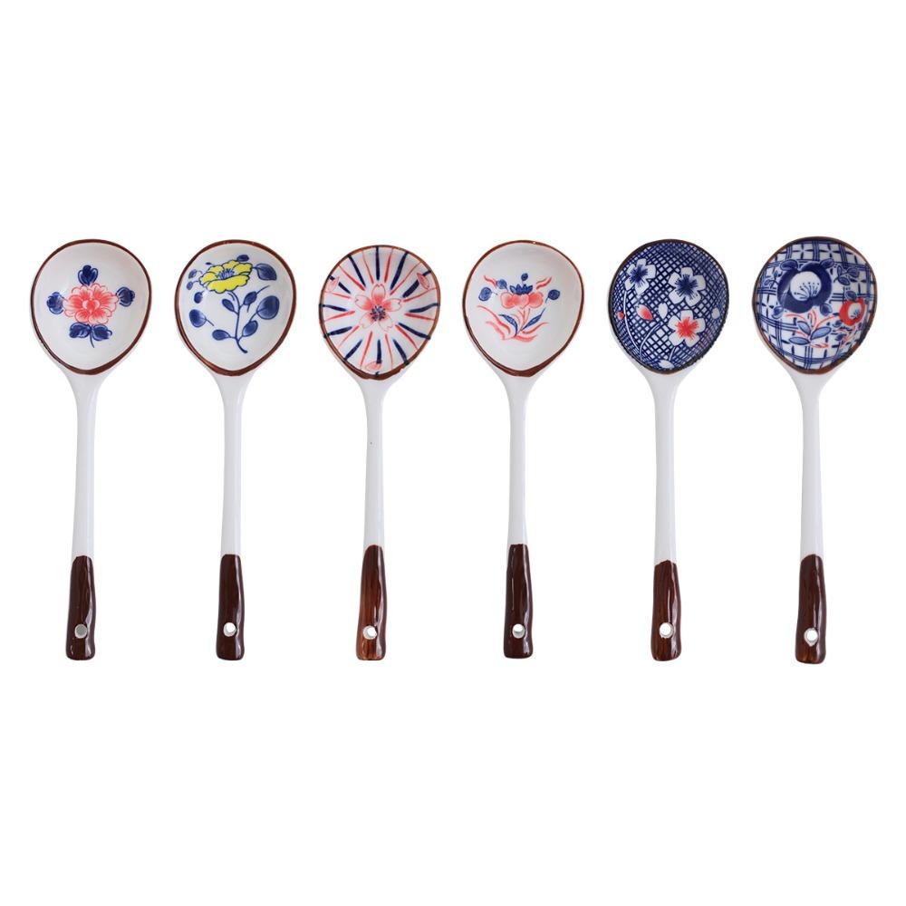 6 PCS Soup Spoons Ceramic Table Dinner Spoons Coffee Stirring Spoons Creative Hand Painted Spoons for Cereal Wonton Dumpling