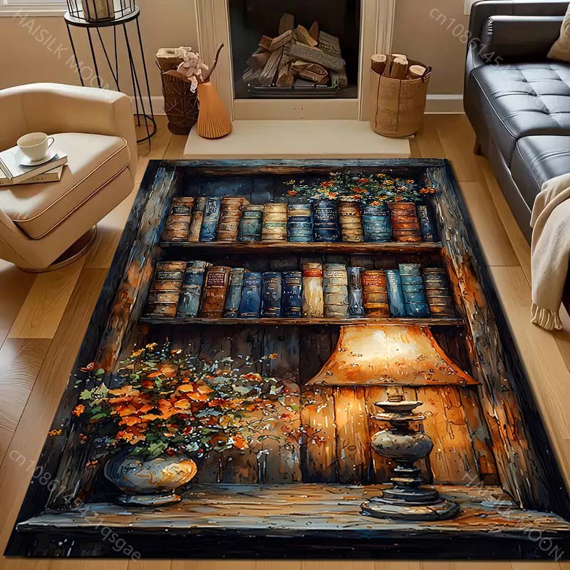 1 Stück Bücherregal Ölgemälde Stil Druck Teppich für Schlafzimmer Wohnzimmer Bettseite Sofa Bodenmatte Moderne Heimdekoration Bereichsteppich