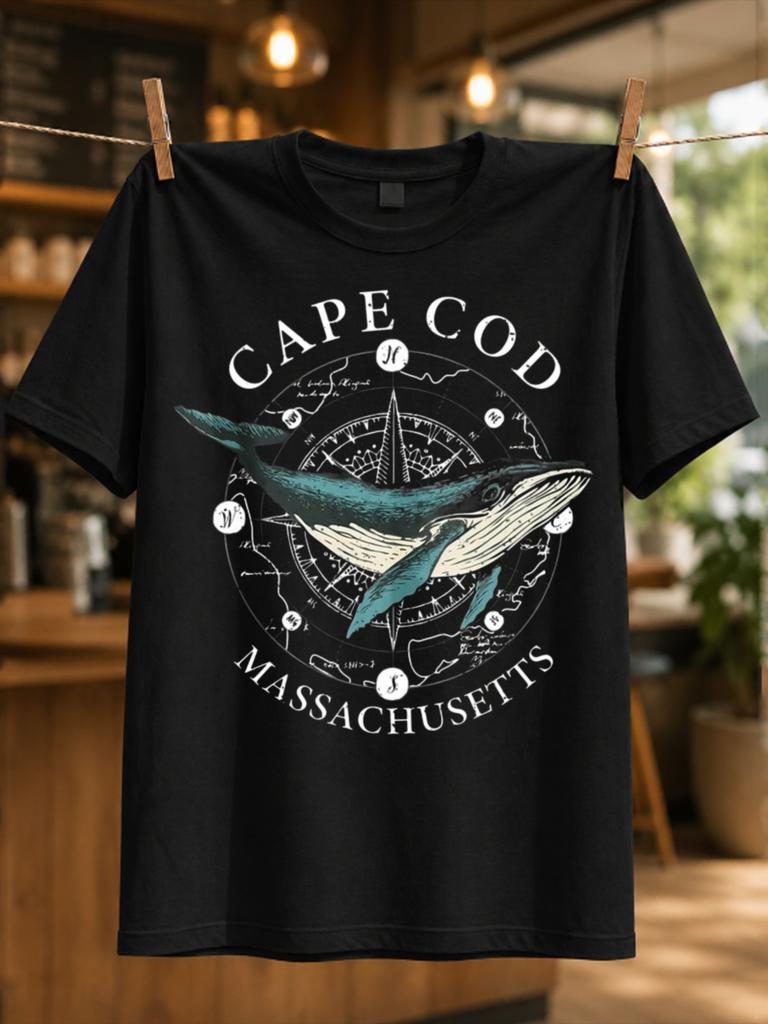 E Cod Massachusetts Whale And Compass Design Nautical Circle Coastal Travel Vintage Style Unisex Unisex All Tshirt