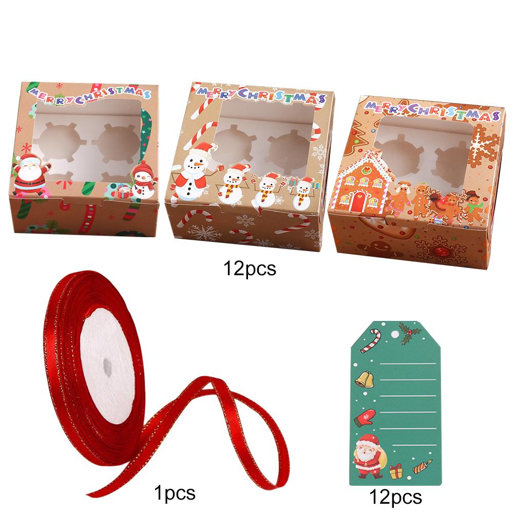 12PCS Santa Claus Gift Paper Boxes with Ribbon & Card Christmas Cupcake Boxes Removable Insert Lovely Santa Gift Box for 4 Cakes