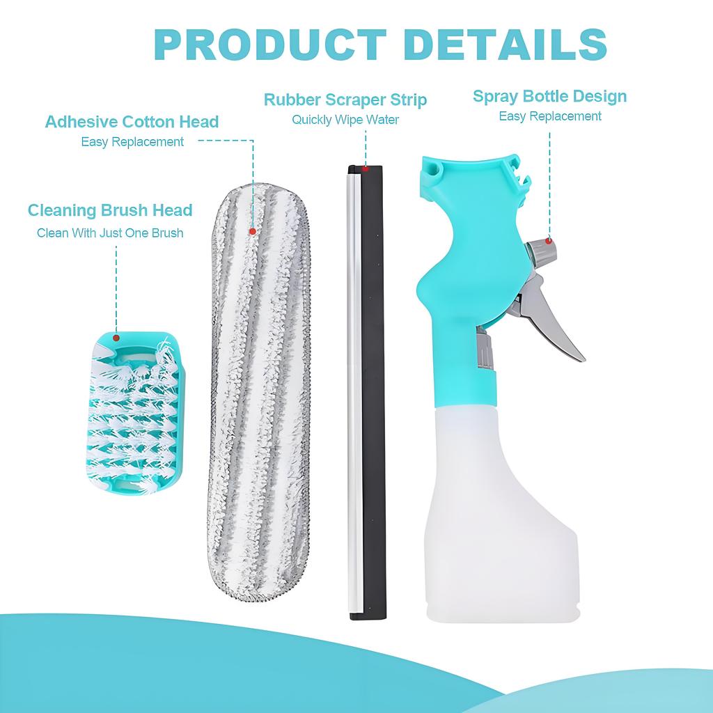 All-in-One Streak-Free Window Cleaner Tool | Built-in Sprayer for Glass/Mirrors/Tiles | Professional-Grade Indoor & Outdoor Use