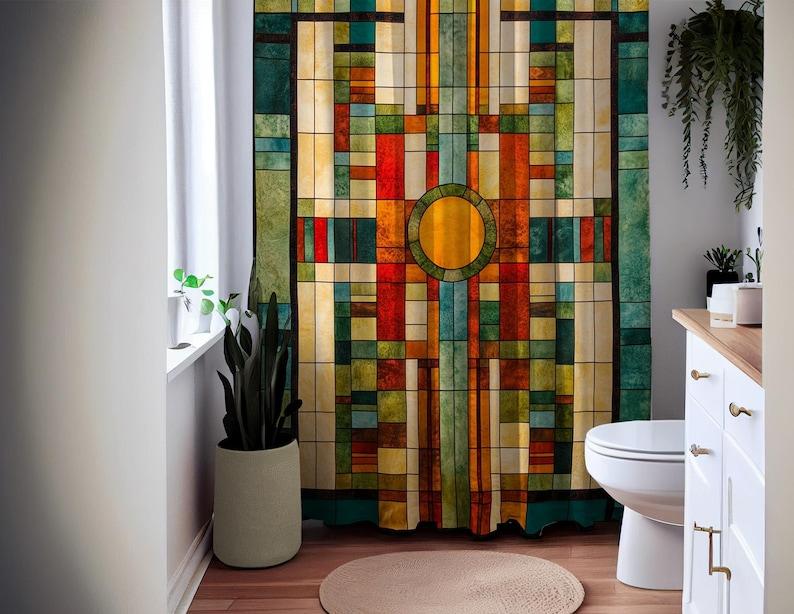 Zasłona prysznicowa inspirowana Frankiem Lloydem Wrightem – Geometryczny wzór witrażowy Art Deco, Wodoodporna tkanina, Dekoracja łazienkowa