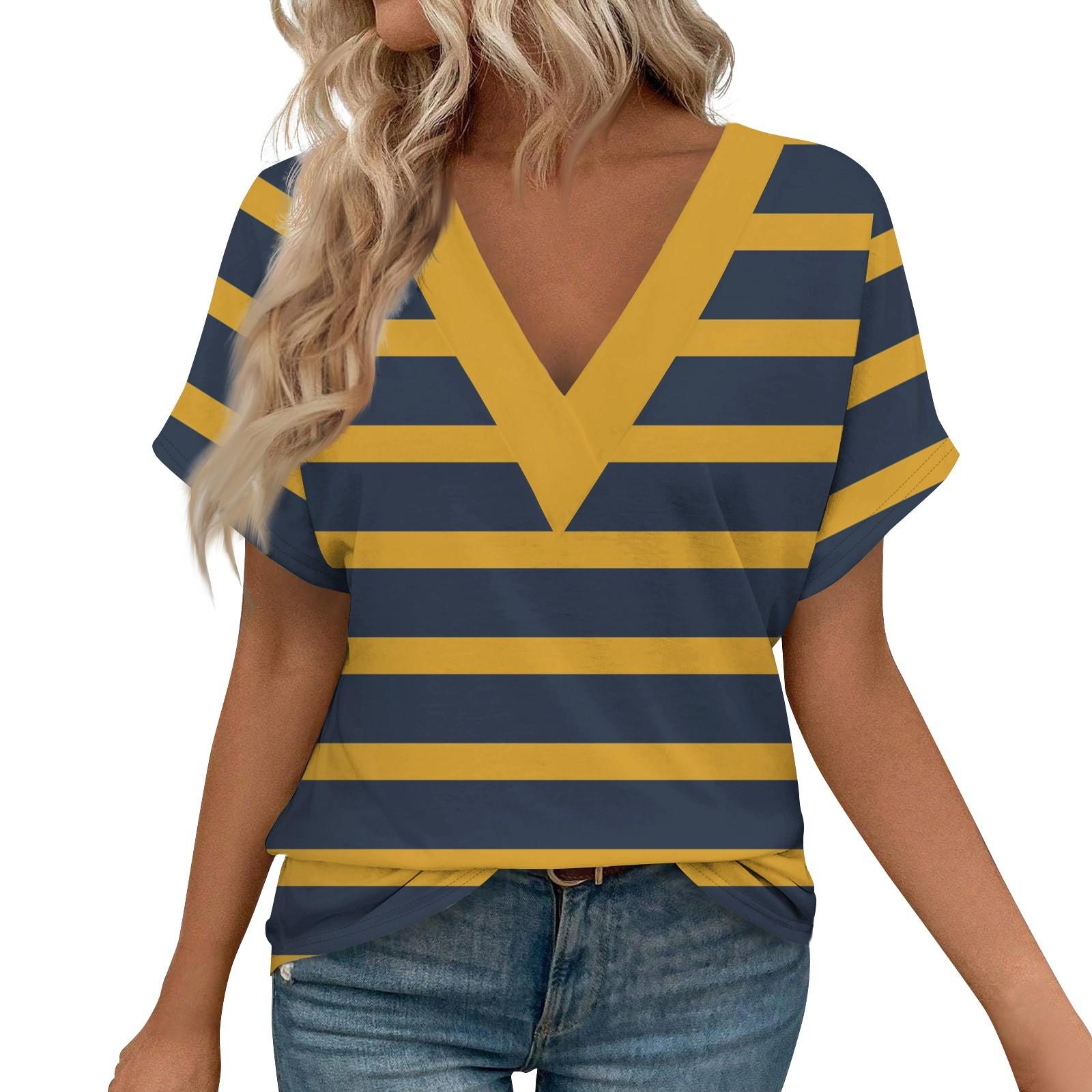 

Женские рубашки с коротким рукавом, топы с принтом и V-образным вырезом, повседневные топы, базовые футболки, блузки, свободные топы M тёмно-синий