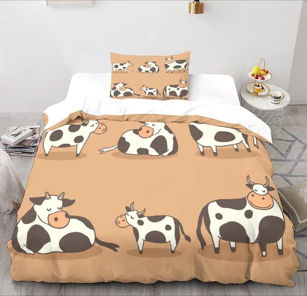 Cartoon Cow Motif,Microfibre Bedding Sets, Children's Bed Linen with Zip Room Decor  Duvet Cover  for Teenagers  Adult 3-Piece