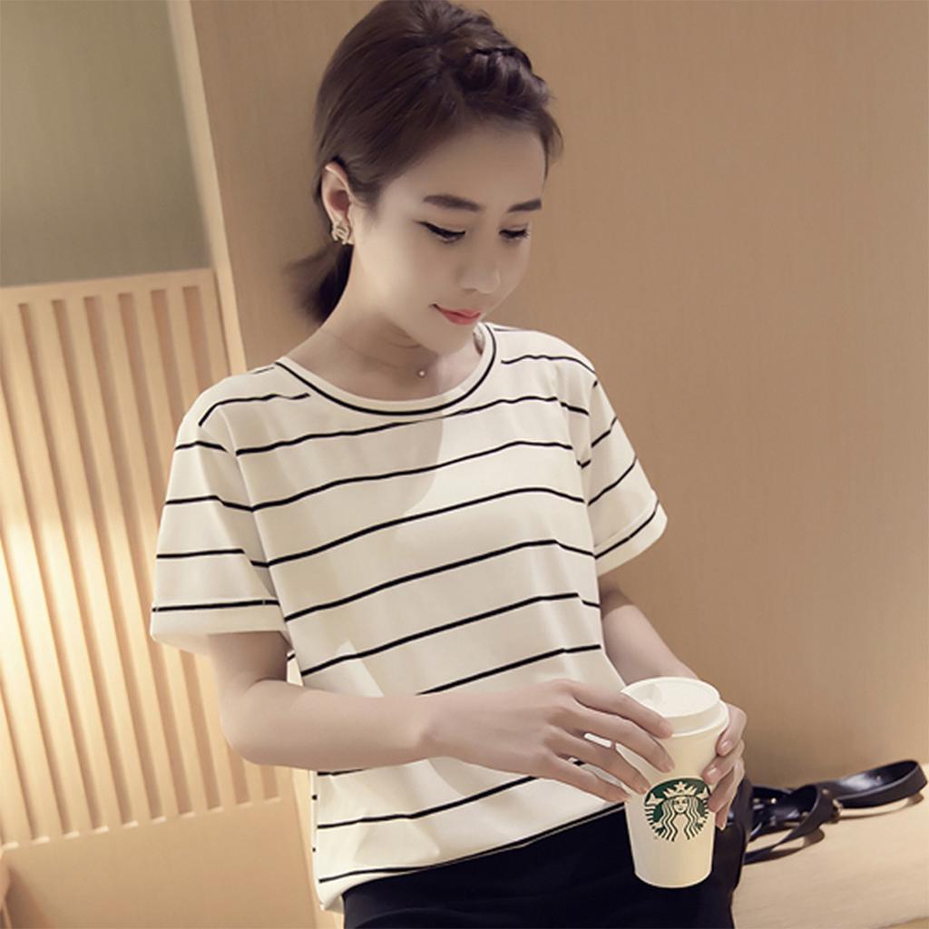New Summer Korean Style Loose Large-size Striped Short-sleeved T-shirt Women's Top Base Shirt Women's