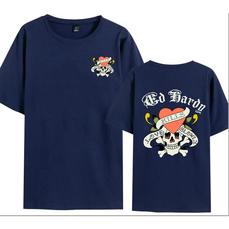 Summer Men Fashion Cotton TShirt Trendy Skull&Hearts Print Tops Male Casual Y2K O-Neck Clothing Women Hip Hop Short Sleeve Top