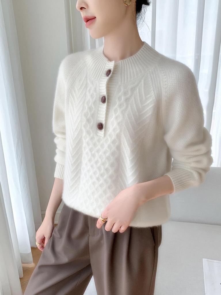 Women's Thickened Cashmere Sweater - Half-High Collar, Half-Button Cable Knit, Loose & Slimming Design
