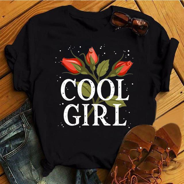 Fashion Women T Shirt Flower Printed T Shirt Casual Black Tops 90s Ladies Girl Tee Shirt Female Harajuku Graphic T -Shirt