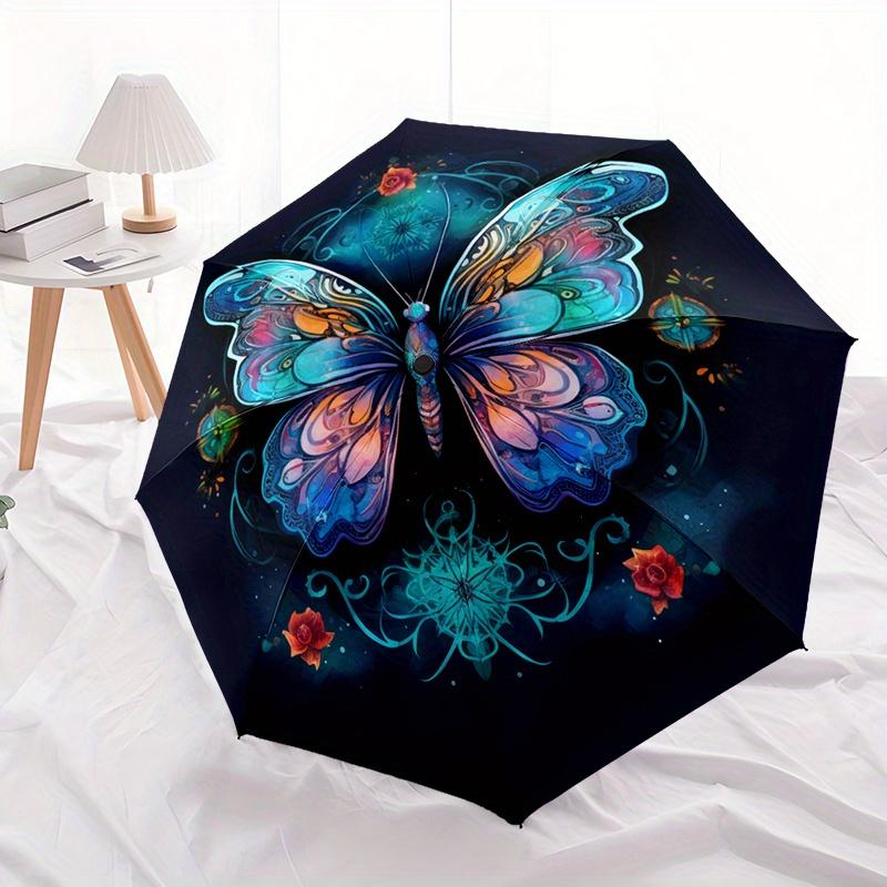 1pc Y26 Butterfly Floral Umbrella - Compact Lightweight Retractable 8-Rib Design with Automatic Open, Durable Plastic & Iron F