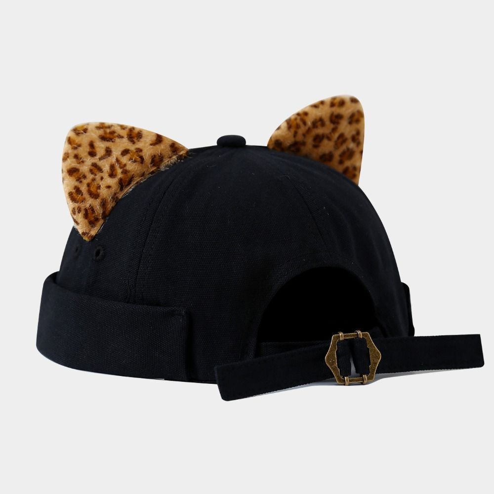 Rolled Cuff Melon Docker Cap Leopard Print Cat Ears Beanie Hat Sweet Brimless Hat Unisex