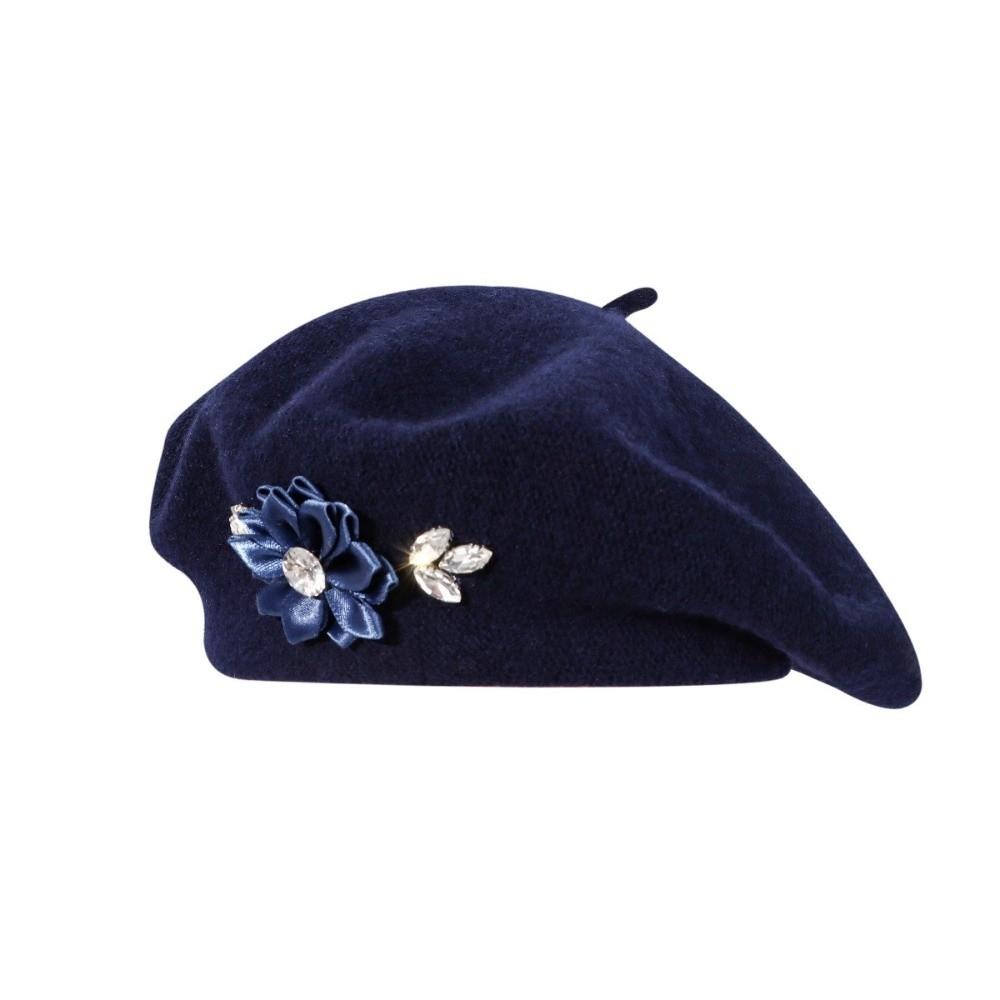 Solid Color French Style Painter Cap Floral Rhinestone Beret Hat Vintage Wool Beret Daily Use