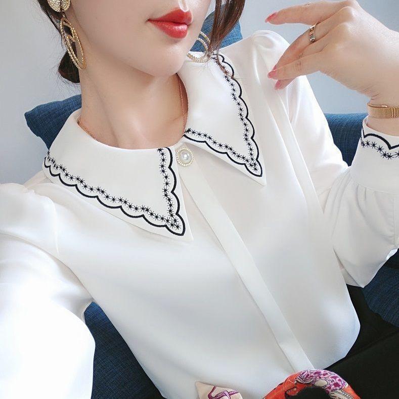 Women s Chiffon Shirt Long Sleeved Spring and Autumn Outfit Embroidered Collar Versatile Top S