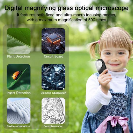 

Kids Digital Microscope 500X Mini Portable Pocket Microscope Camera with 2-Inch IPS Screen Built-in 8 LEDs Educational Science Experiment Magnifying чорний
