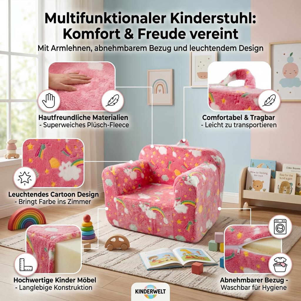 Children's Sofa, Kids Couch with Carrying Handle and Side Pockets, Kids Foam Chair, Toddler Armchair, Lightweight Kids Sofa Chair, Pink Rainbow