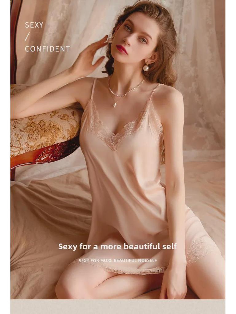 2024 Women's Sexy Ice Silk Lace Nightdress with Stylish Back