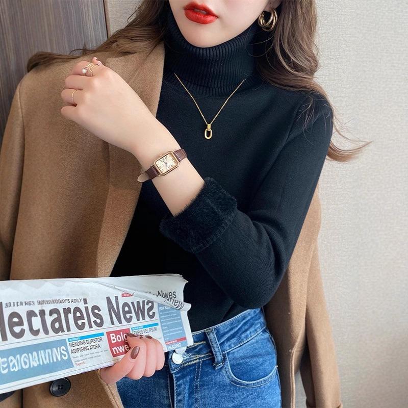 Fleece Sweater Women's Autumn and Winter Integrated Fleece Thickened Knitted Bottoming Shirt Turtleneck Pullover with Large Size Thermal Top Inside