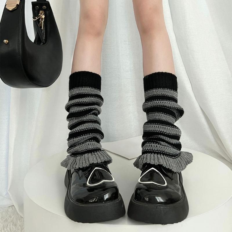 Girls Lolitas Leg Warmers Y2K Stripe Knitted Flared Leg Sleeves Goth Baggy Cuff Ankle Heap Socks JK Uniform Foot Cover