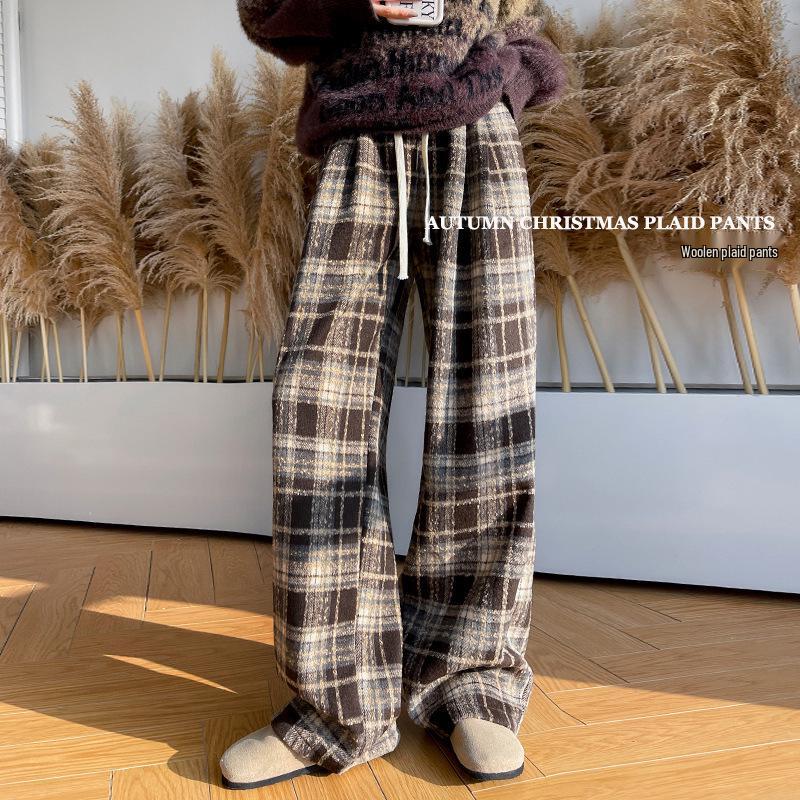 Women's Winter Fleece-Lined Tweed Plaid Wide-Leg Pants: Warm, Thick, Loose, and Straight-Leg Design.