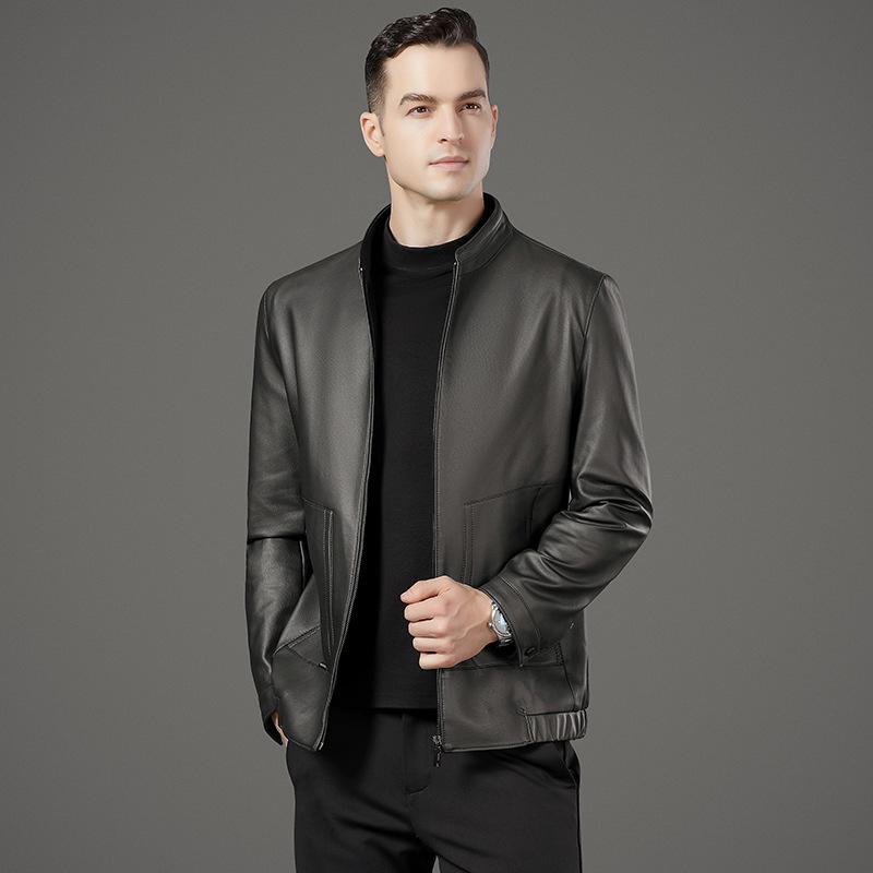 Big Brand Genuine Leather Jacket for Men Autumn and Winter Casual Stand Collar Sheepskin Jacket Middle-aged Leather Jacket Thick